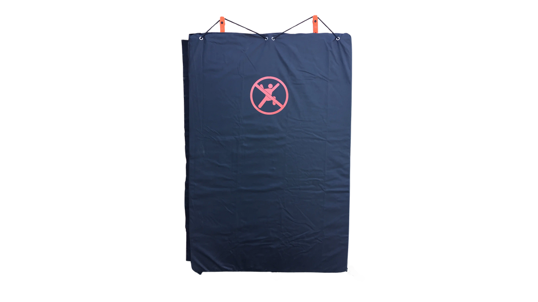 Navy blue mat with a red logo on a white background