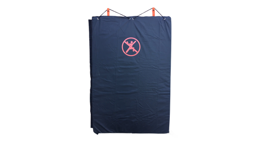Navy blue mat with a red logo on a white background